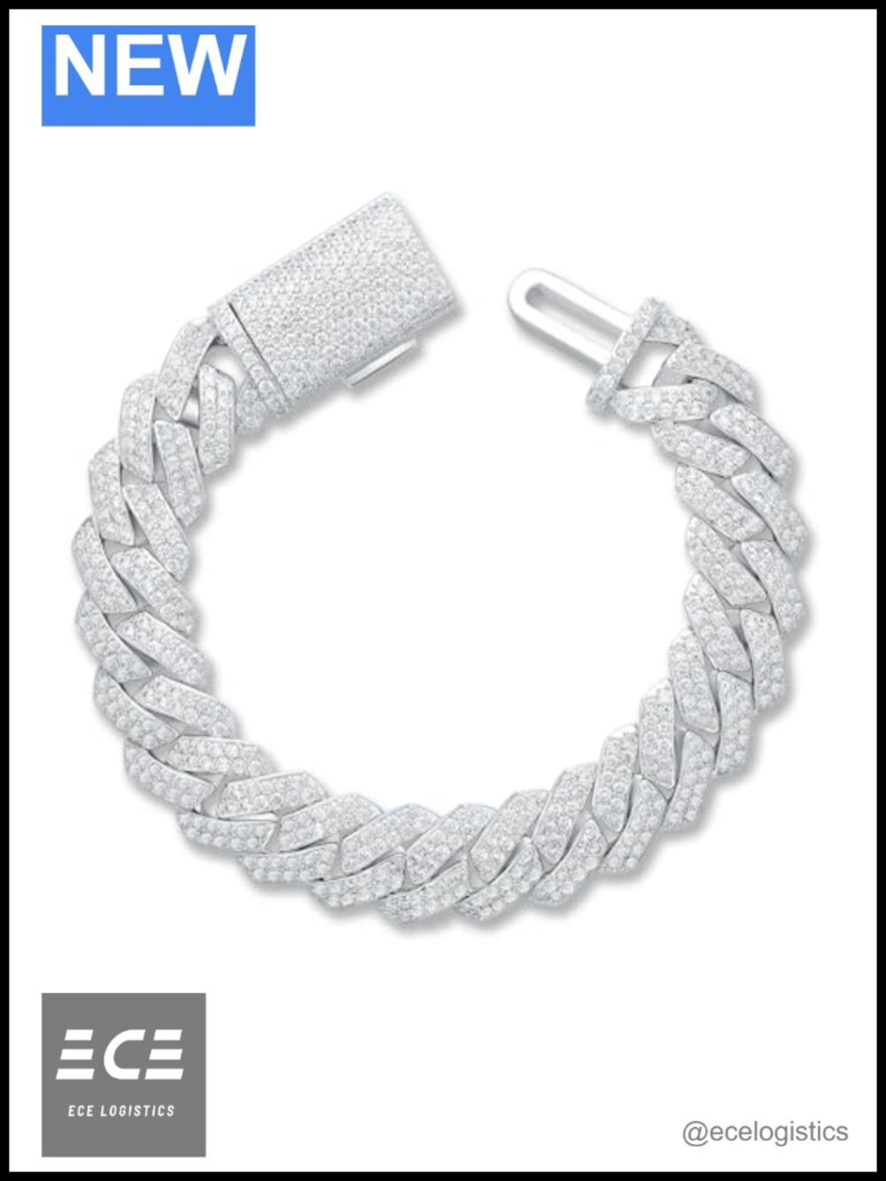 18K White Gold Plated Cuban Link Bracelet 15mm Zircon Hip Hop Jewelry